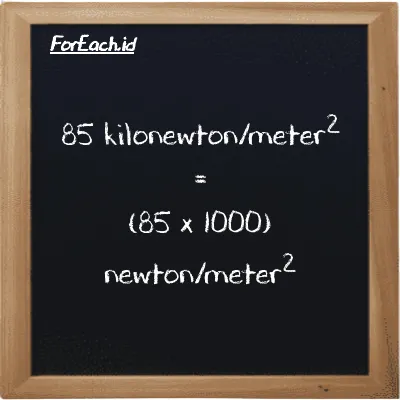 Cara konversi kilonewton/meter<sup>2</sup> ke newton/meter<sup>2</sup> (kN/m<sup>2</sup> ke N/m<sup>2</sup>): 85 kilonewton/meter<sup>2</sup> (kN/m<sup>2</sup>) setara dengan 85 dikalikan dengan 1000 newton/meter<sup>2</sup> (N/m<sup>2</sup>)